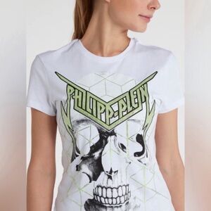 Philipp Plein White and Green Skull Tee